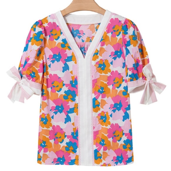 Tops - Vibrant Floral Blouse with Bow Sleeves
